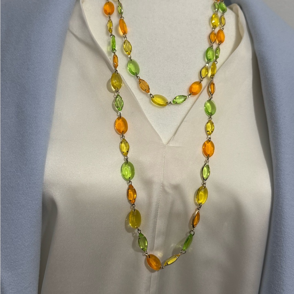 1980s Vibrant Beaded Necklace with Orange , Yellow, and Green Accents